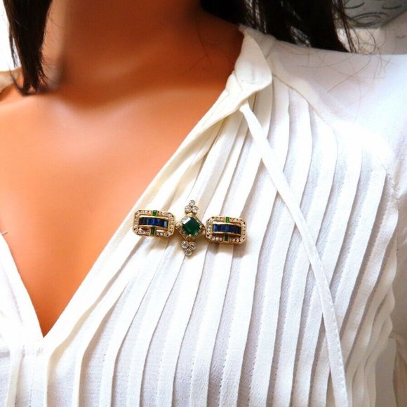 Vintage Rare Handmade Emerald Sapphire Diamond Pin 18kt